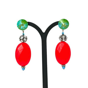 Ohrring "rotes Jade-Oval mit Swarovski Straß - grasgrüner Rivoli"