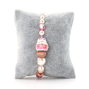 Armband Porzellan-Glückskatze in weiß-rosa mit Pavé-Scheibe