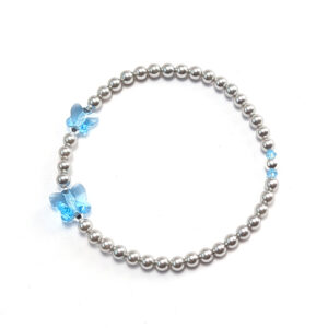 Armband silbrig-graue Crystal Pearls mit kleinen aqua-blauen Schmetterlingen