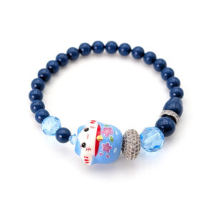 Armband Porzellan-Glückskatze in Blau mit Pavé-Scheibe