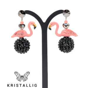 Ohrringe Flamingo auf schwarzer Swarovski Kristall Mesh Kugel