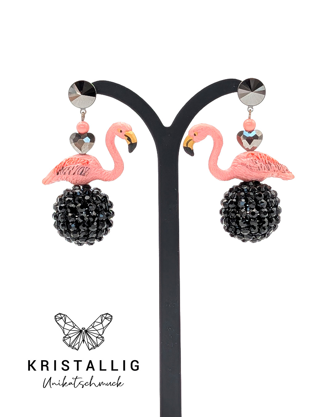 Ohrringe Flamingo auf schwarzer Swarovski Kristall Mesh Kugel