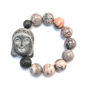 Armband mit grauem Buddha, Zebra-Jaspis und Pavé-Kugeln